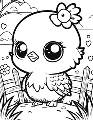 Cute cartoon chicken on a farm background. Little bird in a line drawing. Vector illustration on isolated background. For printable children's and adults coloring page or book, kids toddler activity.