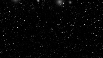 Many white cold flake elements. Magic snowfall. Xmas snowflakes in different shapes and forms. Falling shining snow  on black background. Vector illustration