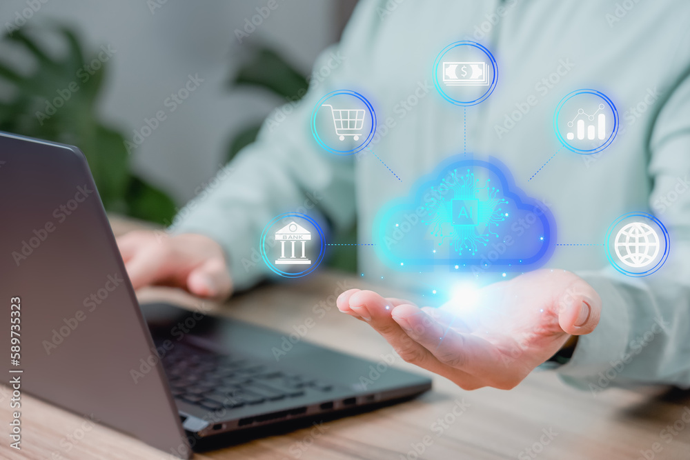 Poster Businessman use laptop computer with AI cloud computing diagram show on hand. Business technology concept of Ai, Cloud computing, Data storage, Banking, Financial and shopping online.