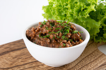 Savory Cooked Ground Beef, Top View, Isolated, White Background