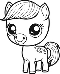 Cute cartoon horse or foal . Baby animal in line drawing. Vector illustration on isolated background. For printable children's and adults coloring page or book, kids toddler activity.