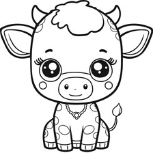Cute cartoon cow or calf. Farm animal in line drawing. Vector illustration on isolated background. For printable children's and adults coloring page or book, kids toddler activity.