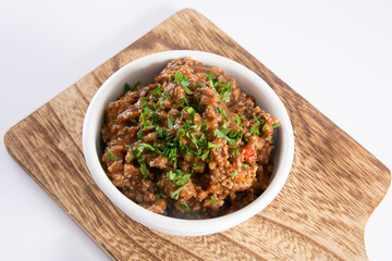 Savory Cooked Ground Beef, Top View, Isolated, White Background