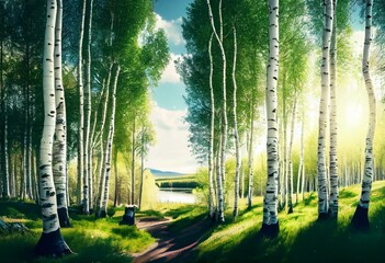 White Birch Forest in Summer, Panoramic View. Generative AI