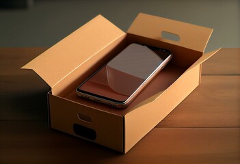 Mobile Phone Or Smartphone With Brown Cardboard Boxes Parcel, Online Delivery Concept, 3d Rendering. Generative AI
