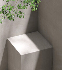 Minimal square concrete podium, green tropical tree in sunlight, shadow on gray cement texture corner loft style wall for modern luxury beauty, cosmetic, organic, fashion product display background 3D