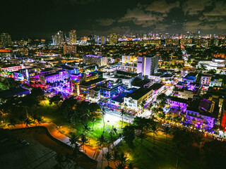 Ocean Drive in South Beach Miami Florida by drone at Night 4k