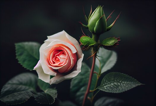 a pink rose with a green stem on a blurry background with a white rose in the center of the picture and a green stem in the middle of the picture. generative ai