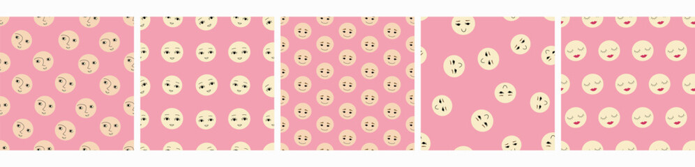 Bundle of five seamless patterns, cute design. Repeatable backdrop, funny girl visage.