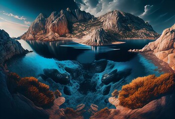 Sea Bay fantasy mountain landscape. A big blue lake in the middle of the mountains. Fabulous nature, amazing seascape. Illustration. Generative AI