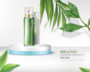 vector illustration cosmetic product on the podium.use for cosmetic advertising.green color cosmetic spray bottle.