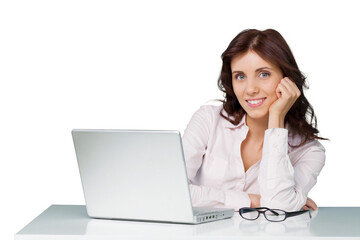 Businesswoman Sitting Behind The Desk Resting Head on Hand - Isolated