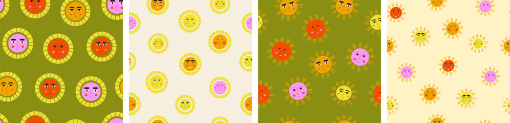 Four seamless patterns, smiles suns. Art background, sun illustration, surface design with simple shapes.