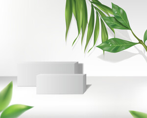 Abstract white 3D room with realistic white box pedestal podium and leaves design template. use for cosmetic presentation background.