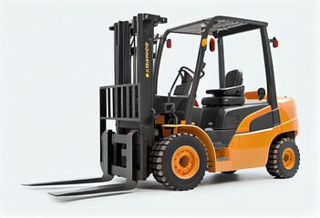 Forklift isolated on white. Warehouse forklift for unloading and loading cargo. Forklift loader for unloading and loading freight semi truck trailer and for warehouse work. Generative AI