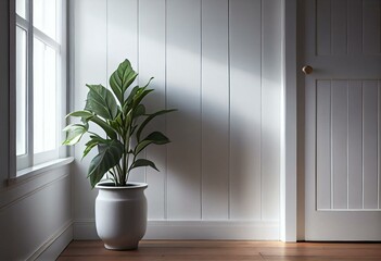 a plant in a white vase on a table in a room with white walls and a wooden floor and a white door with a window and a white paneled wall with a white panel., generative ai