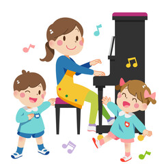 ピアノを弾く先生と歌う子供たち