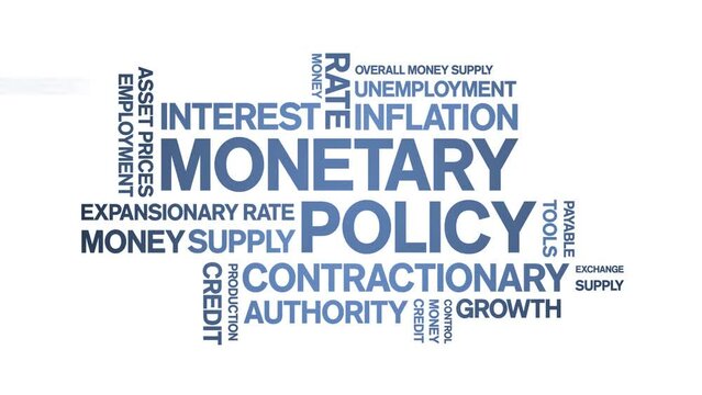 Monetary Policy animated tag word cloud;text design animation kinetic typography seamless loop.