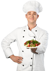 Portrait of a male chef cook preparing salad  isolated on a white background