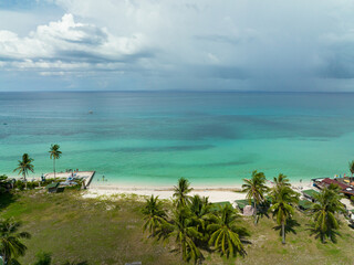 Aerial drone of sandy beach and tropical island. Bantayan island, Philippines.