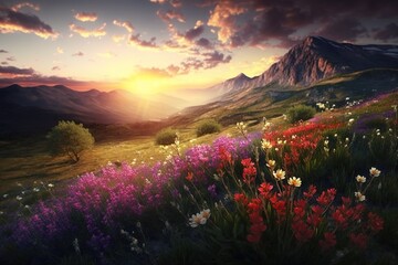 Plakat Sunset in a mountain valley amongst a field of flowers during the summer Generative AI
