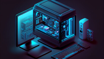Gaming PC computer glowing in dark Isometric illust Ai generated Image