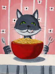 Fototapeta na wymiar Funny Cat Prepares to Eat Mac and Cheese