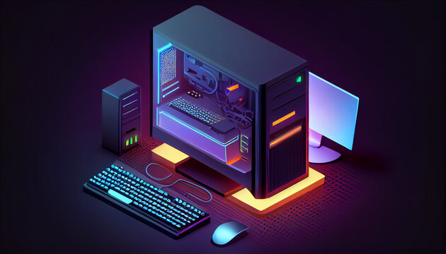 Gaming PC computer glowing in dark Isometric illust Ai generated Image