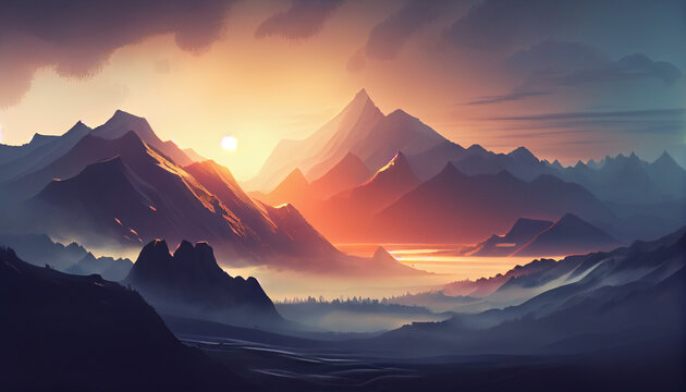 illustration of fog rolling over mountains dreamlike Ai generated Image