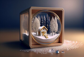 3D Render, Winter Miniature Diorama In Ring Box As Residential Buildings, Trees, Snow Falling. Generative AI