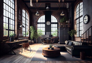 Office Lounge inside an industrial Loft (panoramic) - 3d visualization. Generative AI