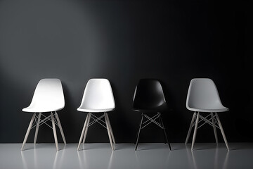 Three white chairs and one black , leadership concept. Generative AI