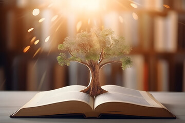 Education concept with tree of knowledge planting on opening big book and blurred. Generative AI