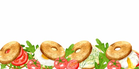 Frame, border from bagel, sandwich with egg, tomatoes and herbs. Hand drawn watercolor illustration on white background. Template for design menu.