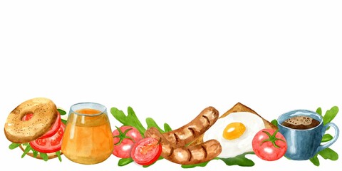 Frame, border from toast with egg, sausages, tomatoes and herbs, cup and juice. Hand drawn watercolor illustration on white background. Delicious breakfast. Template for design menu.