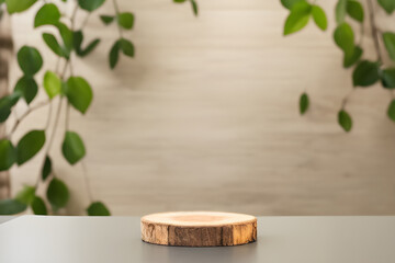 Wooden Product Podium With Leave Branches Isolated On Wooden Background