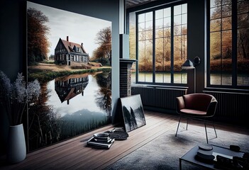 Belgium landscape with beautiful house and river. Generative AI Art. Beautiful view