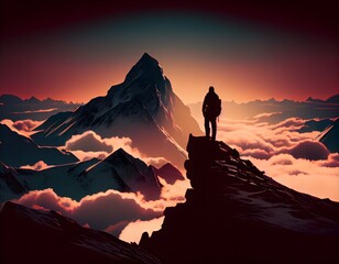 Silhouette of a person at the top mountain peak. Hiking Concept, AI Generative