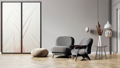 Living room minimalist interior with brown chair figura, mock up minimalist 1