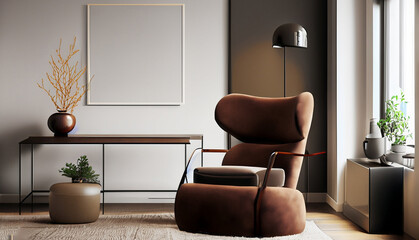 Living room minimalist interior with brown chair figura, mock up minimalist 3