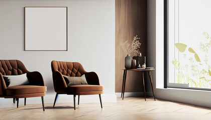 Living room minimalist interior with brown chair figura, mock up minimalist 5
