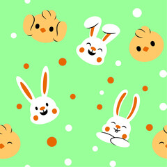 Easter Day Chicken and Rabbit Seamless Pattern Flat Hand Drawn Illustration