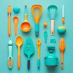 Collection of kitchen equipment and cooking utensils in shades of teal, blue, yellow, and orange. Generative Ai