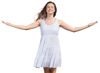 Naklejka premium Portrait Of Young Woman Smiling in white dress
