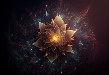Sacred geometry glowing flower fractal with particles and light. Generative AI - obrazy, fototapety, plakaty