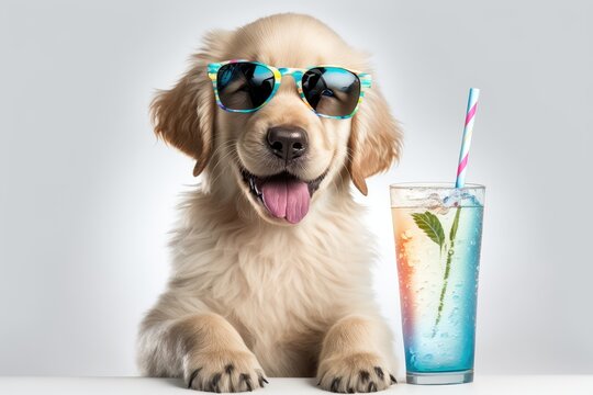 Golden retriever dog with glass of cocktail on white background