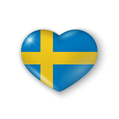 3d heart with flag of Sweden. Glossy realistic vector element on white background with shadow underneath. Best for web, logo, print and festive decoration.