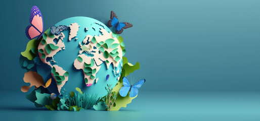 World environment day with earth and butterfly on blue background, Earth day. Generative AI