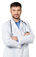 Handsome young male doctor on background