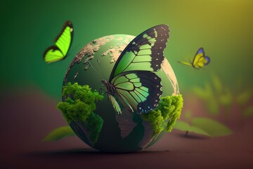 World environment day background with earth and butterfly, Earth day. Generative AI